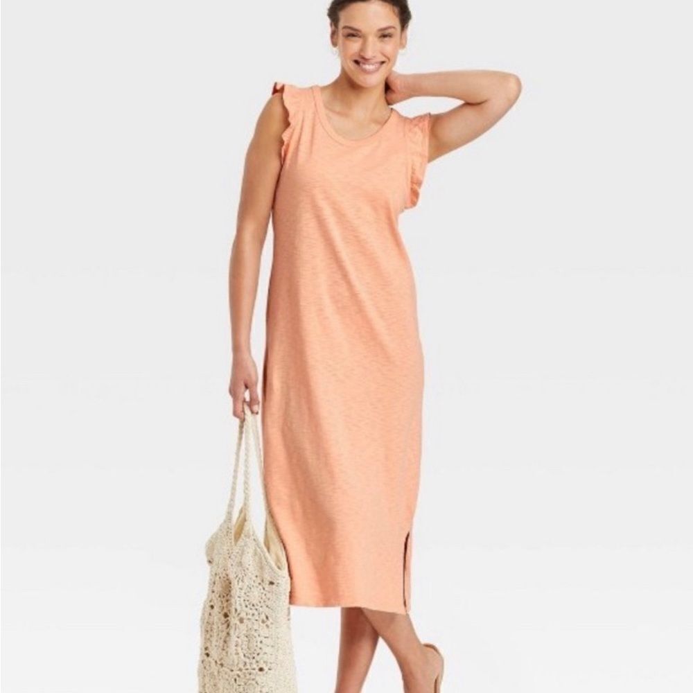 Universal Thread Women's Coral Orange Ruffle Sleeve Tank Dress NWOT L